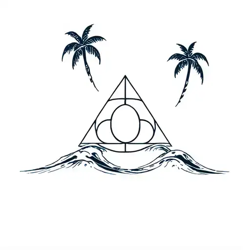 Deathly Hallows With Palm Tree And Ocean Wave