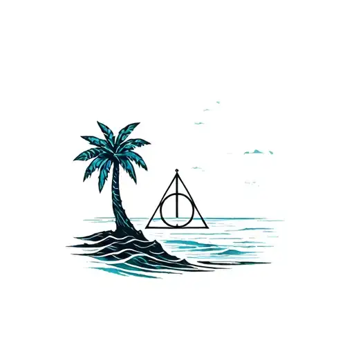 Deathly Hallows With Palm Tree And Ocean Wave
