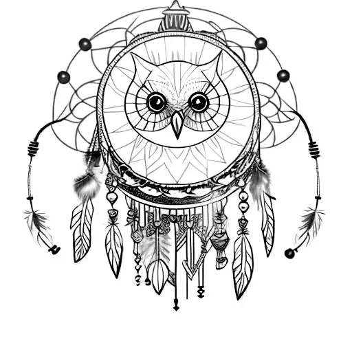 A Tattoo Of An Owl Wearing A Dream Catcher Necklace
