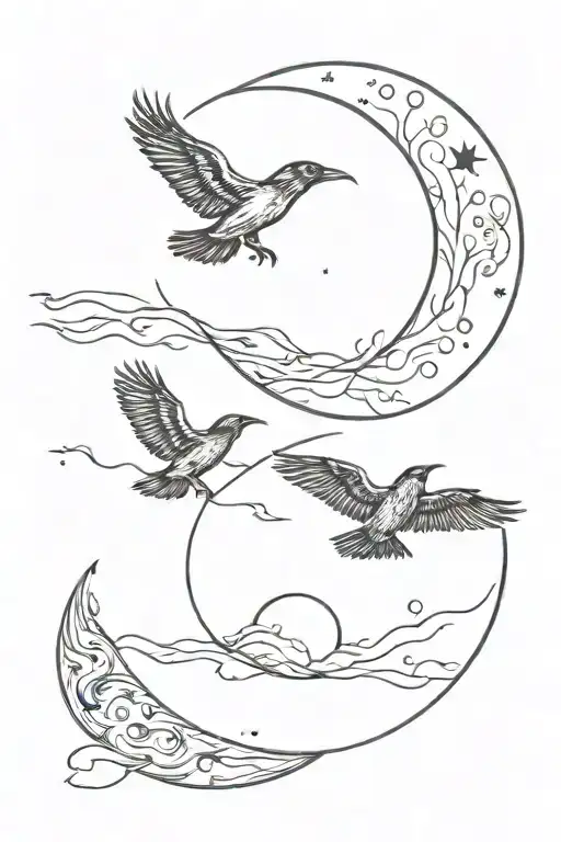 3 Crows Flying With Crescent Moon Phases
