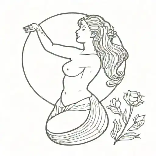 Black And White Line Work Mermaid Reaching For The Sun With A Rose In Her Hair No Background