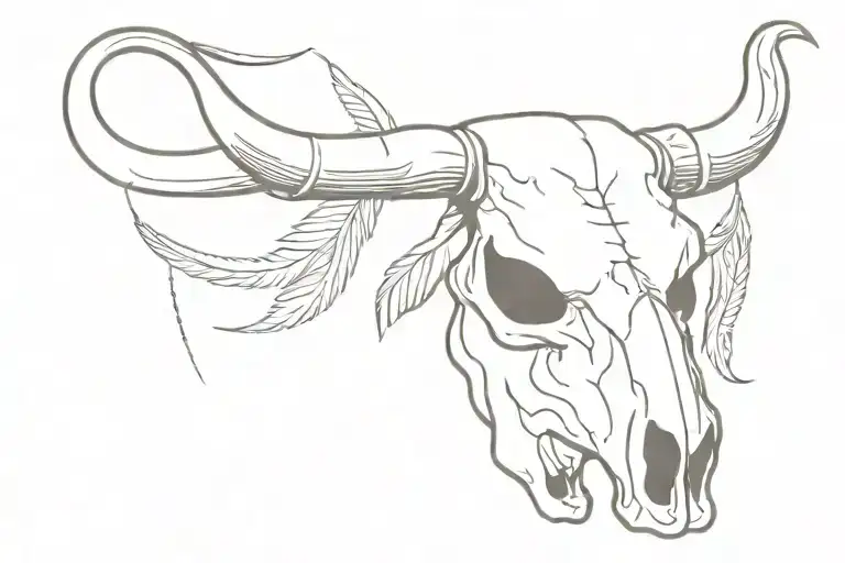 Bull Skull With Two Feathers Falling
