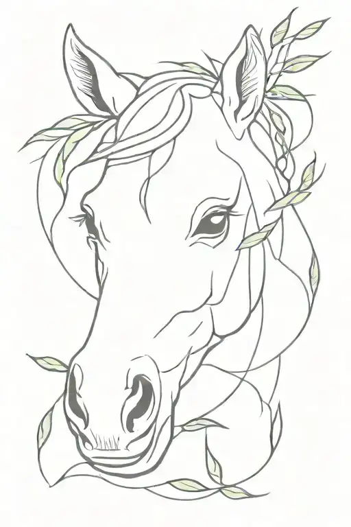 Fine Line Horse Head With Olive Leaves