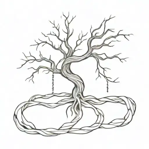 Twisted Tree Tied With A Rope To A Wooden Board