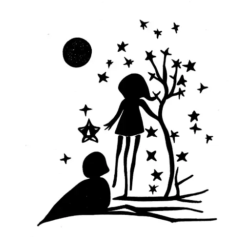 Grandmother With Granddaughter Looking At The Sky Where You Der A Star And An Owl