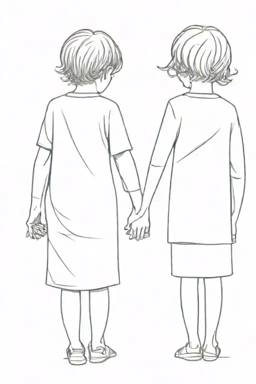 Short Haired Little Brother And Big Sister Holding Hands From Behind
