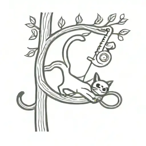 Black Cat Playing Football And Sloth Hanging From Tree With A Saxophone