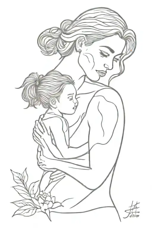 Line Art Tattoo Design Featuring A Mother And Daughter