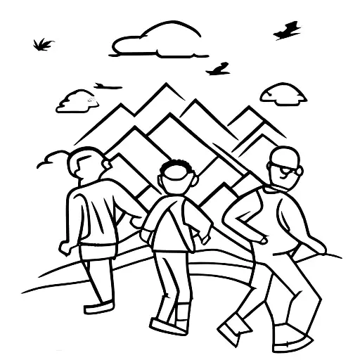 Silhouette With A Father And Two Sons Hiking At Sunset