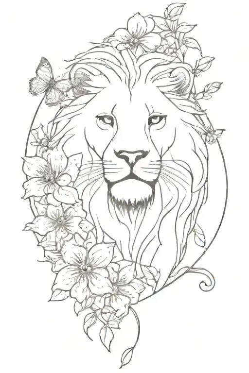 Blue Eyed Lion Surrounded By Blossoming Flowers And Blue Butterflies