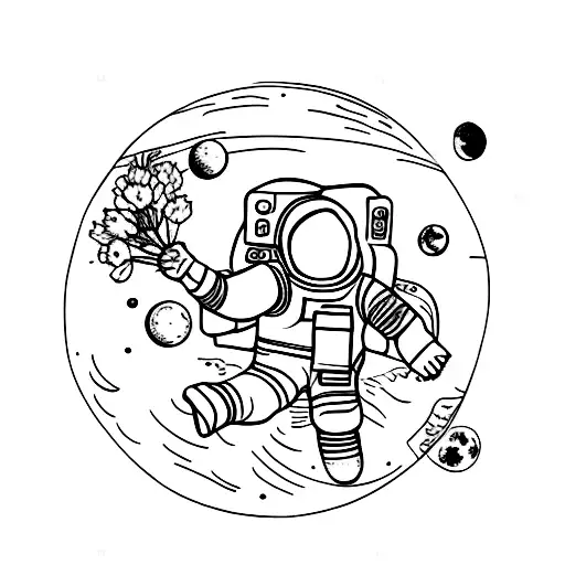 Astronaut Holding Flowers In Front Of Moon