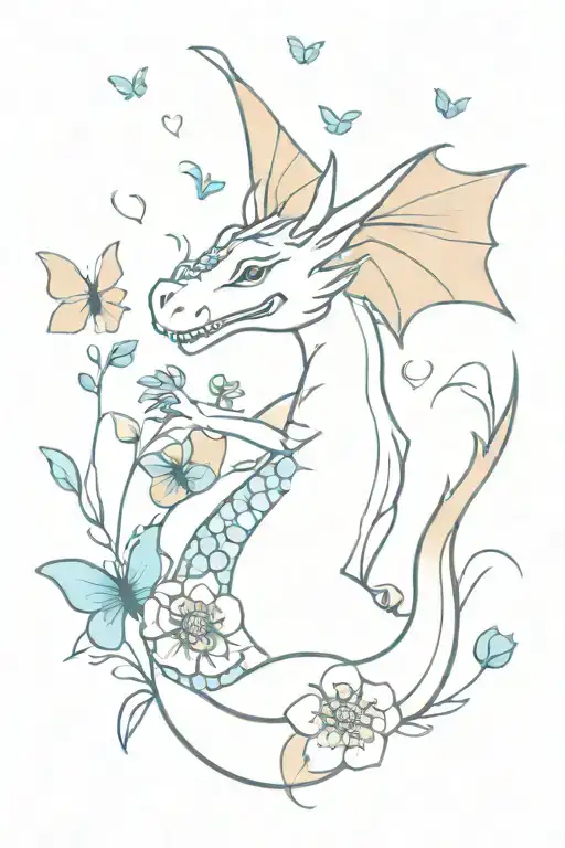 A Happy Dragon Surrounded By Blue Butterflies And Blooming Flowers