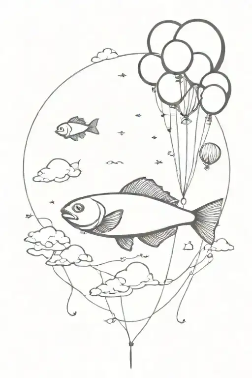 Fish Being Hold By Balloons In The Sky With Coulds On The Background