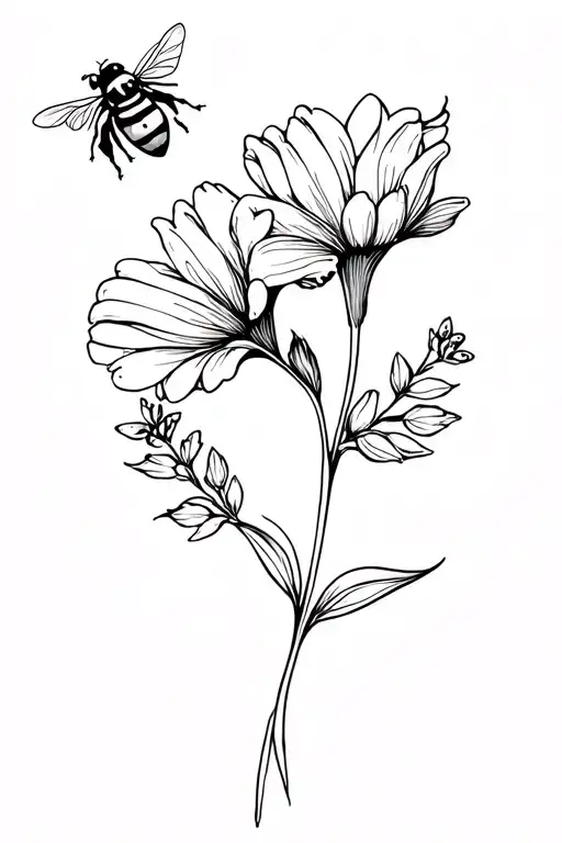 Fine Line Tattoo-september And April Birth Flower With Ladybug On Stem And Bumble Bee Above