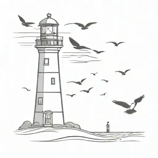 Lighthouse On Beach With Birds Flying