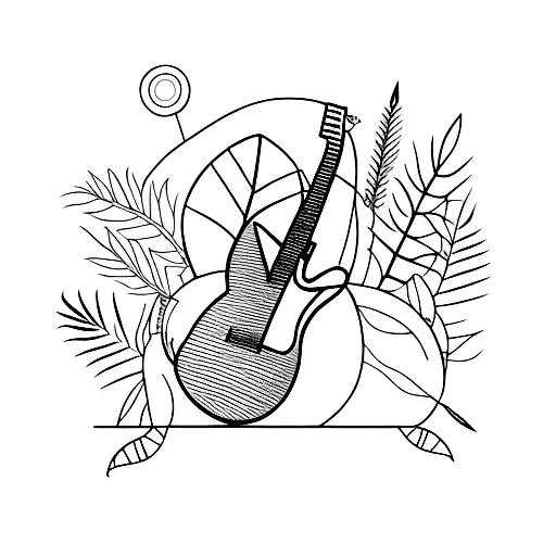 A Minimalist Tattoo Of A Guitar Surrounded By Jungle Foliage