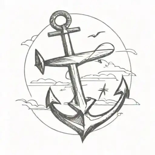 Anchor And Airplane Flying In The Sky