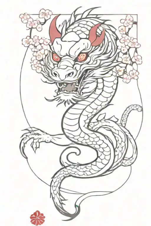 Traditional Japanese Dragon With Red Cherry Blossoms Around It