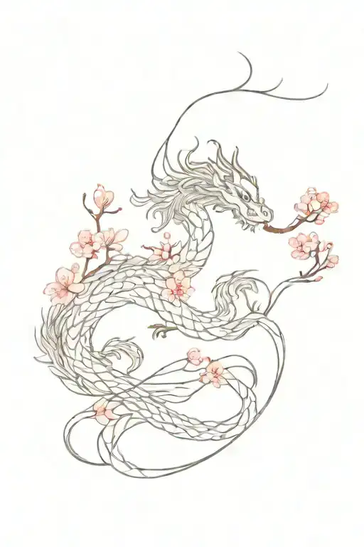 Red Chinese Dragon Wrapped With Cherry Blossom Tree