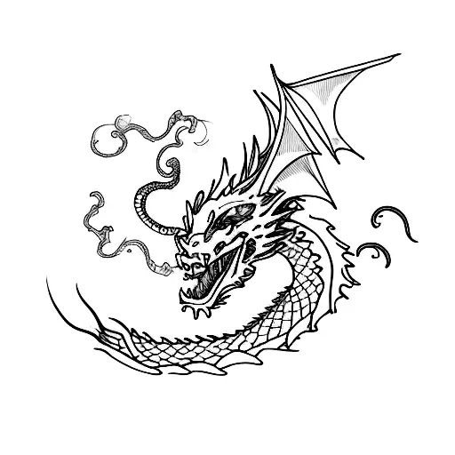 Old Dragon With Long Tail Looking At The Viewer