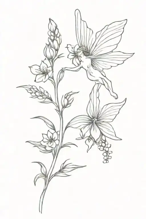 Fairy Flying Around Delphinium Flower