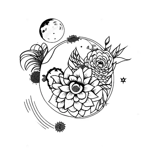 Moon And Saturn And Flowers