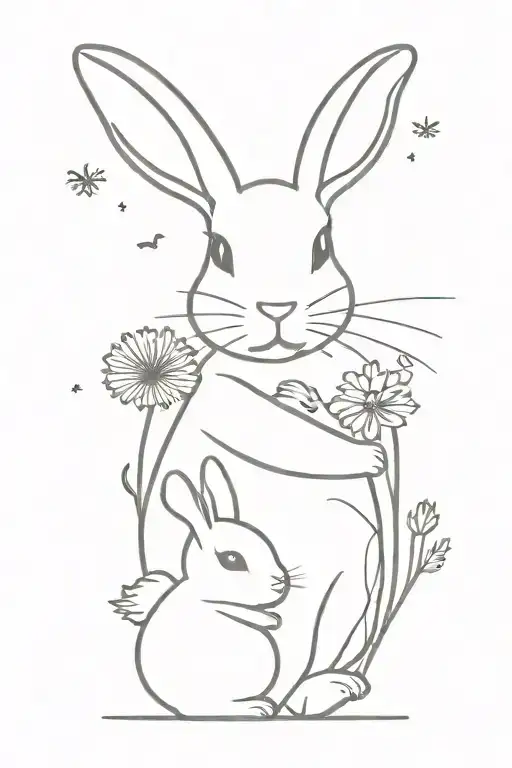 Mom And Baby Bunny Hugging Next To Dandelion Flower