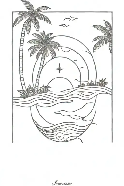 Waves Compass Birds Sunset Palm Trees