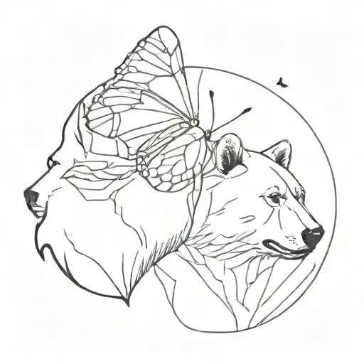 Butterfly And Bear Head Interacting Together In The Same