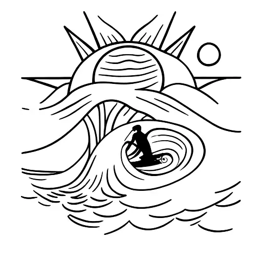 A Minimalist Tattoo Of A Surfer Riding A Wave With A Sun And Pine Trees In The Background
