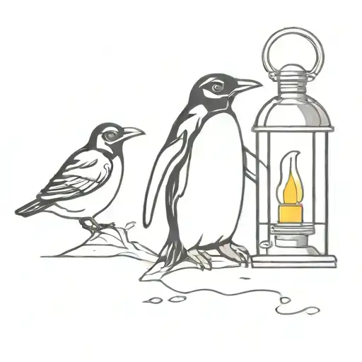 Penguin With Lantern At Its Feet And A Cardinal On Top Of Lantern