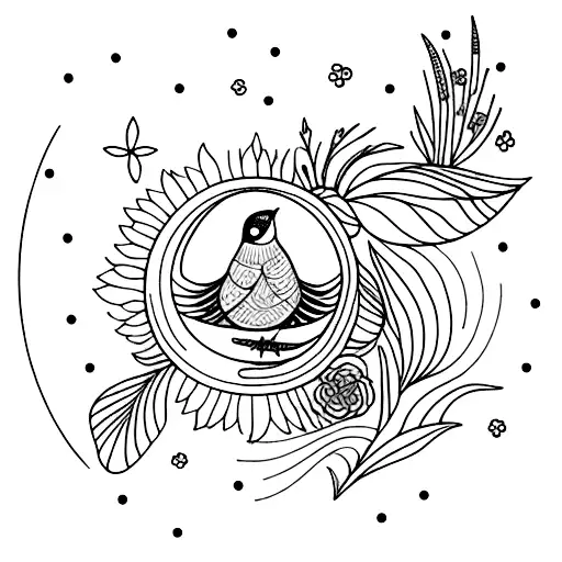 Floral Moon With A Bird