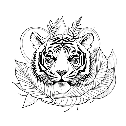 A Sketch-style Tattoo Of A Tiger With Leaves Forming The Background