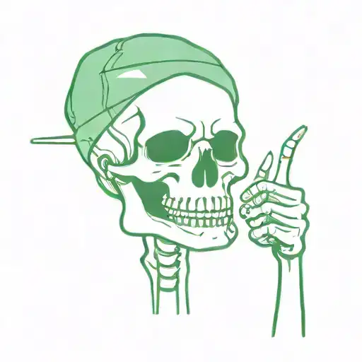 Skeleton Upper Body One Hand Thumbs Up Cigarette In Mouth And German Green Barett On Head