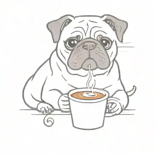 Pug Drinking Coffee And Red Cat With Cracker