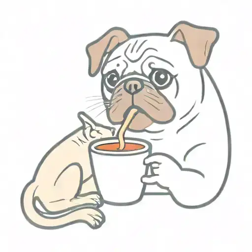 Pug Drinking Coffee Next To A Red Cat Chewing A Cracker