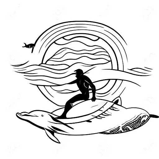 A Surfer Riding A Wave With A Dolphin Swimming Alongside