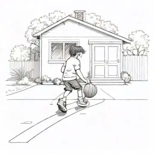 Little Kid Playing Basketball In Driveway Leading To Tiny House