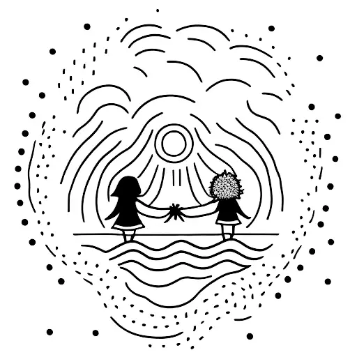 A Minimalist Tattoo Of A Mother And Daughter Holding Hands In Front Of A Sunset