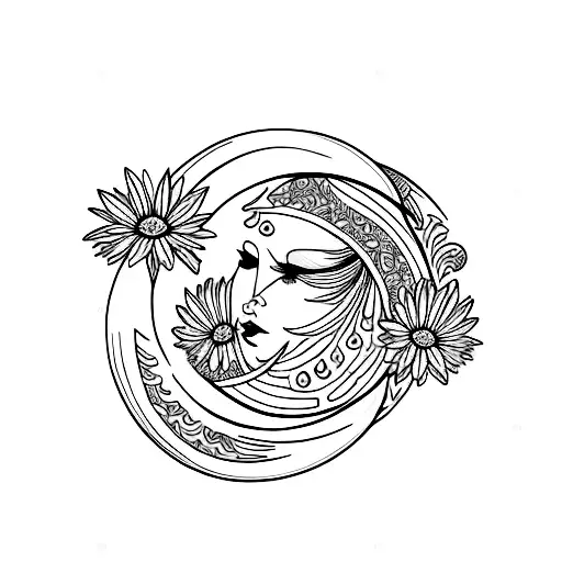 Crescent Moon With A Woman's Face And Chrysanthemum
