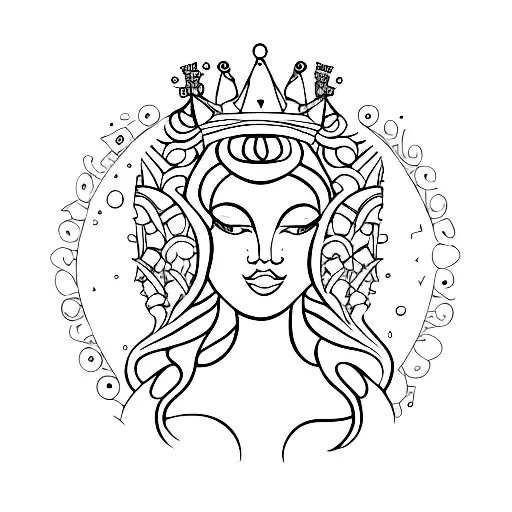 A Minimalist Tattoo Of A Beauty Queen Wearing A Crown And Surrounded By Seashells