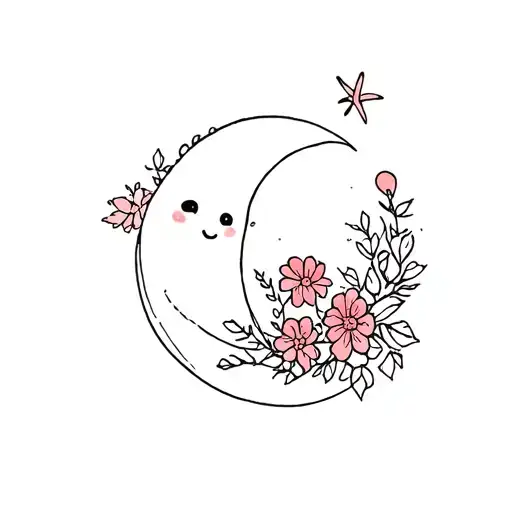 Moon And Cute Ghost With Flowers