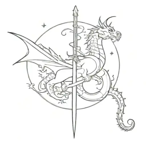 Sword Fighting Dragon Outline With Moon And Saturn In Background