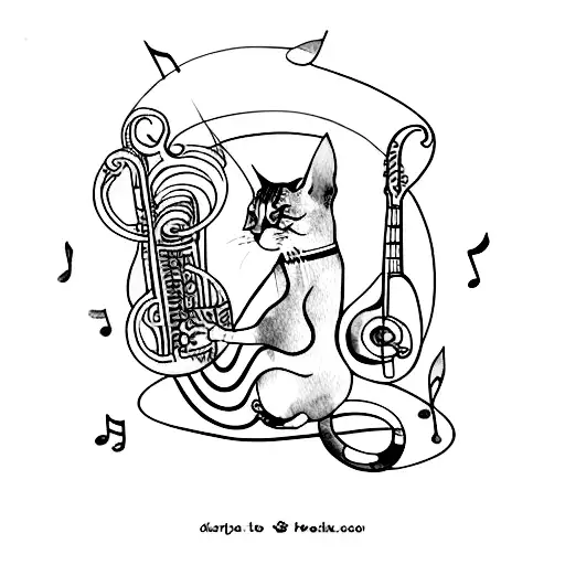 A Watercolor-inspired Tattoo Of A Cat Playing A Musical Instrument