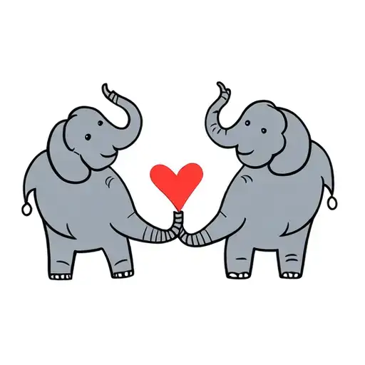 Two Elephants Facing Each Other With Their Trucks Holding A Heart In Cartoon Form