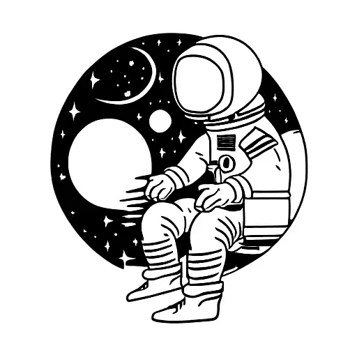 Tattoo Where Woman In Astronaut Suit Sits On Venus And You Can See Mars In Backround