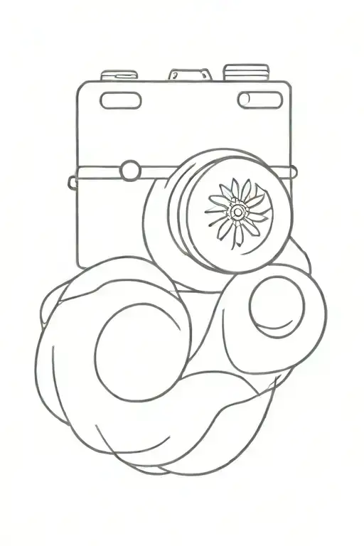 A Minimalist Tattoo Of A Flower-filled Camera Lens With Waves In The Background