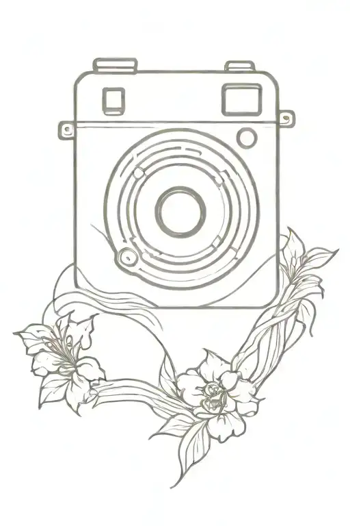 A Minimalist Tattoo Of A Flower-filled Camera Lens With Waves In The Background