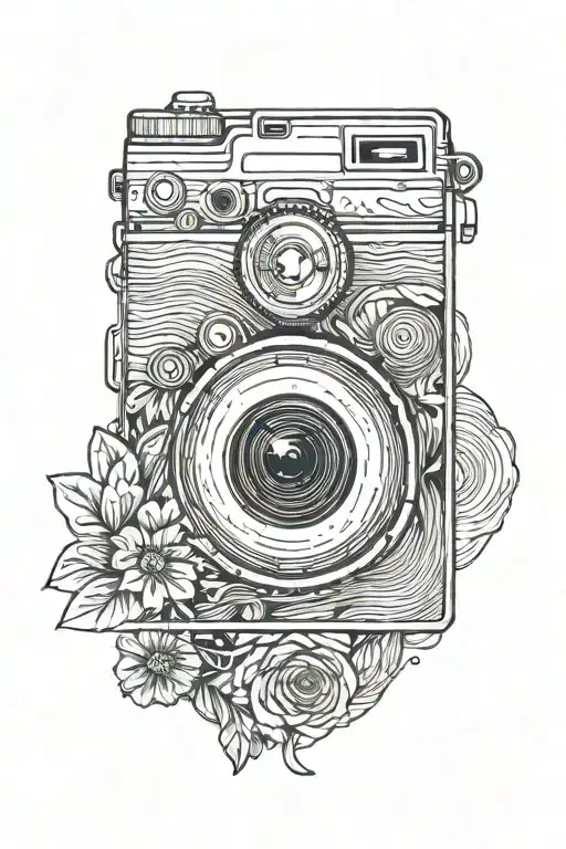 A Minimalist Tattoo Of A Flower-filled Camera Lens With Waves In The Background