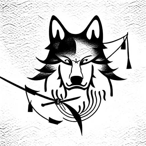 Samurai With Waterfall And Wolf